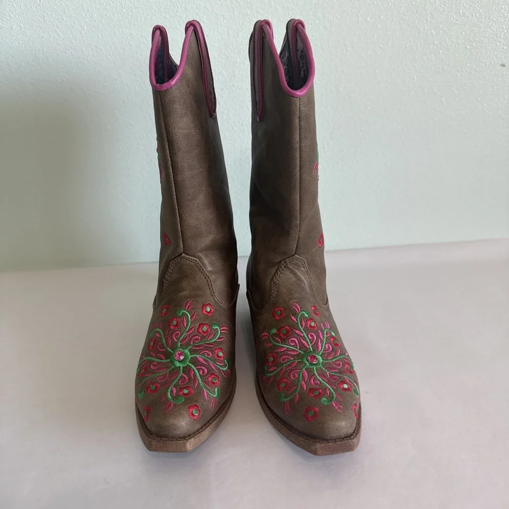 Blazin Roxx Youth Sz 1 Pink Floral Brown Side Zip Snip Toe Western Cowboy Boots